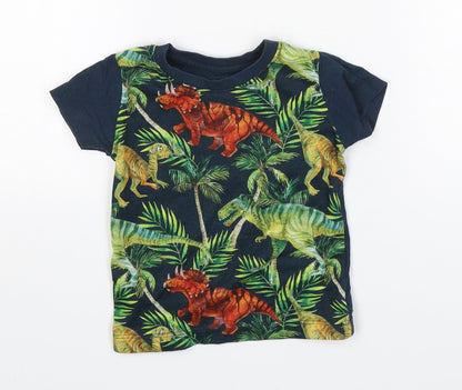 Front view of Matalan boys’ multicoloured floral polyester basic t-shirt, size 9-12, months round neck pullover - dinosaur