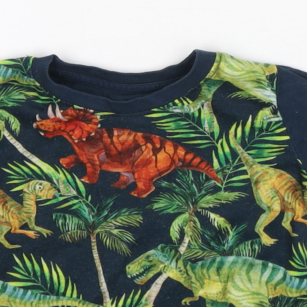 Close-up detail of Matalan boys’ multicoloured floral polyester basic t-shirt, months round neck pullover - dinosaur