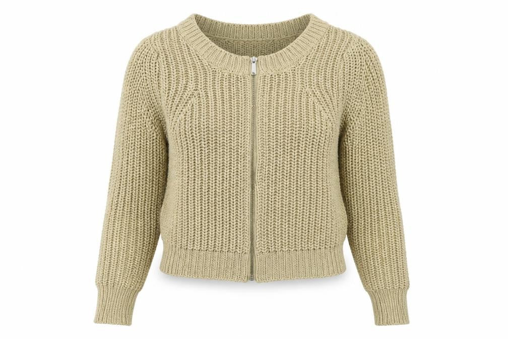 Front view of South women’s gold crew neck acrylic full zip jumper, size UK 10