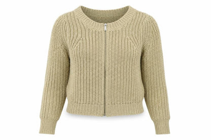 Front view of South women’s gold crew neck acrylic full zip jumper, size UK 10