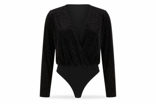 Front view of Missguided women’s black polyester bodysuit one-piece, size UK 10, snap