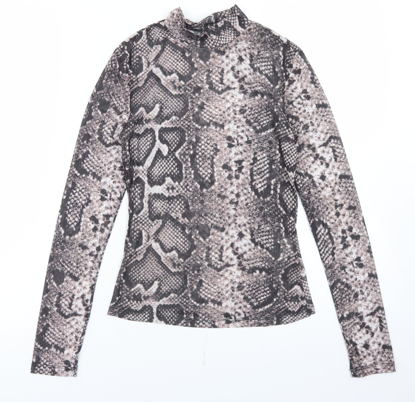 SheIn Womens Brown Animal Print Polyester Basic T-Shirt Size XS Mock Neck