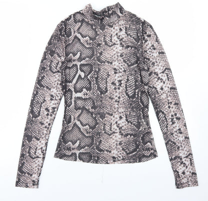 SheIn Womens Brown Animal Print Polyester Basic T-Shirt Size XS Mock Neck