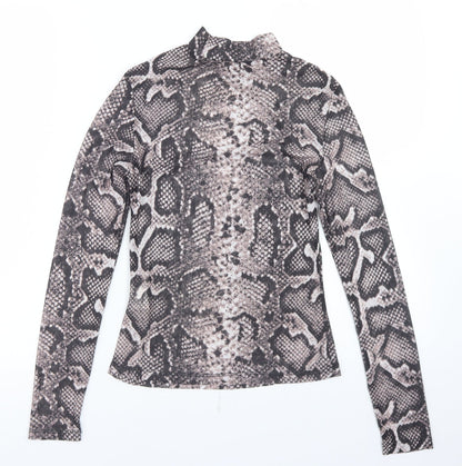 SheIn Womens Brown Animal Print Polyester Basic T-Shirt Size XS Mock Neck