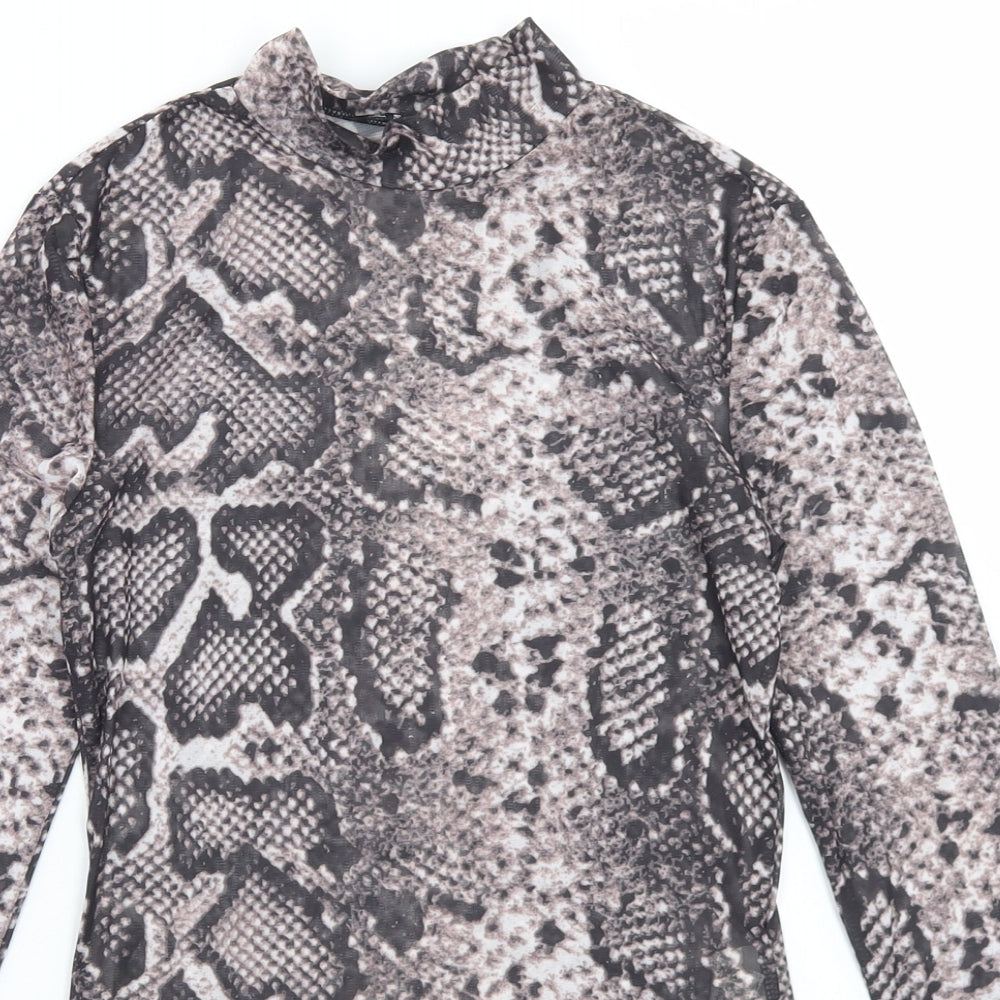 SheIn Womens Brown Animal Print Polyester Basic T-Shirt Size XS Mock Neck