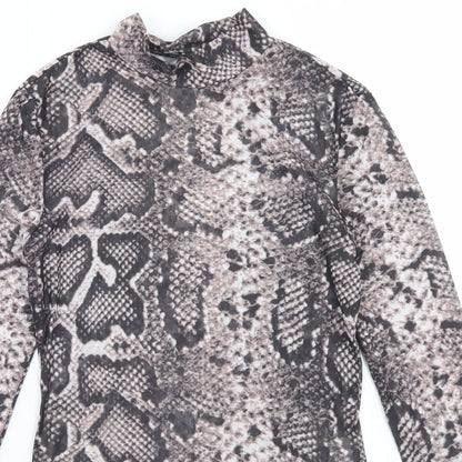 SheIn Womens Brown Animal Print Polyester Basic T-Shirt Size XS Mock Neck