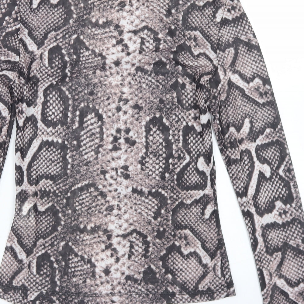 SheIn Womens Brown Animal Print Polyester Basic T-Shirt Size XS Mock Neck