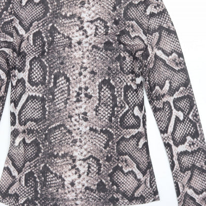 SheIn Womens Brown Animal Print Polyester Basic T-Shirt Size XS Mock Neck