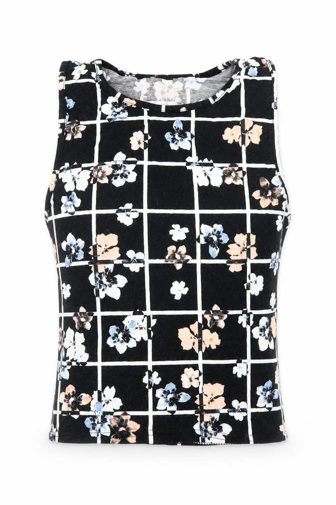 Front view of New Look women’s black floral viscose cropped tank, size UK 6, round neck