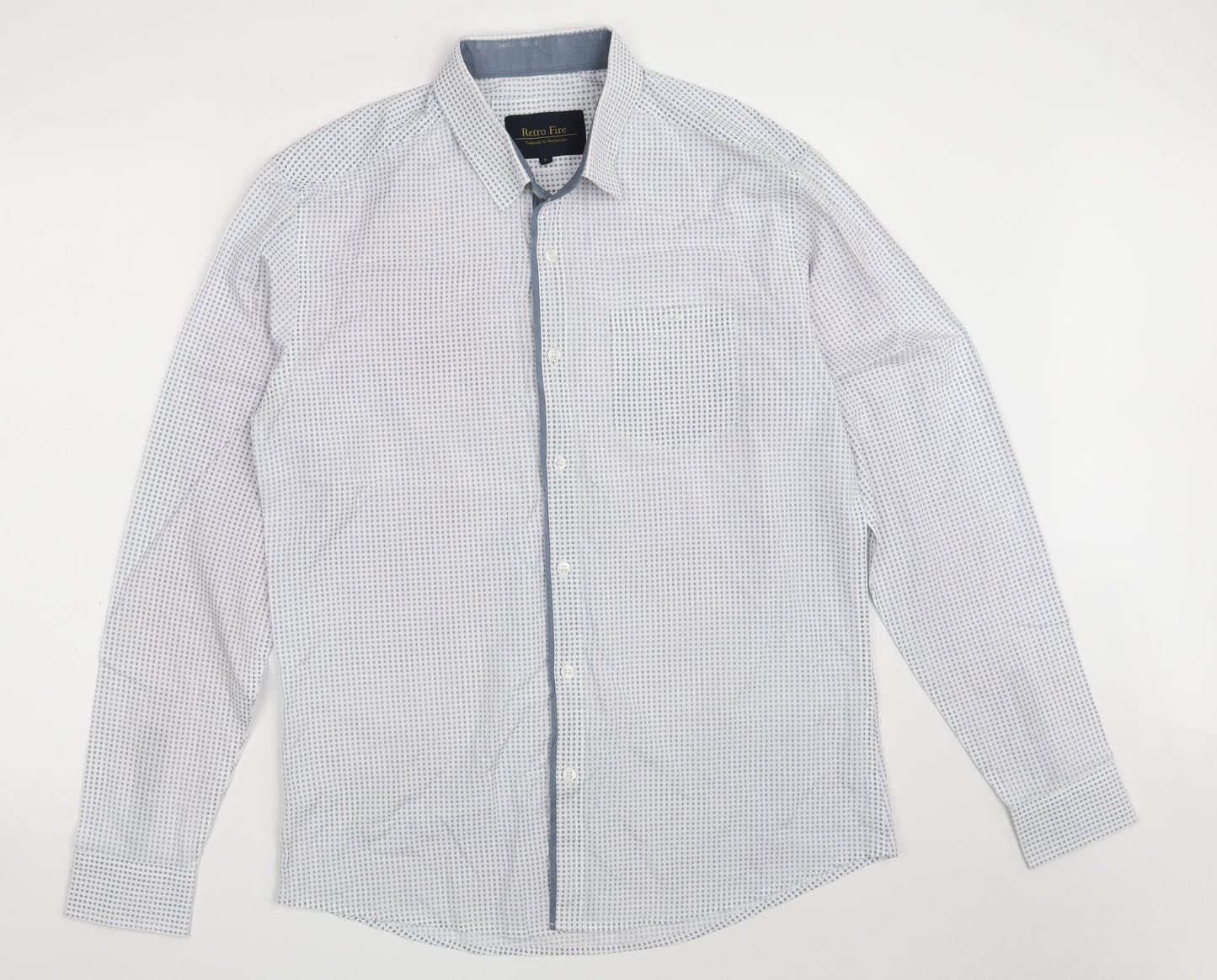 Retro Fire Mens White Geometric Polyester  Button-Up Size L Collared Button