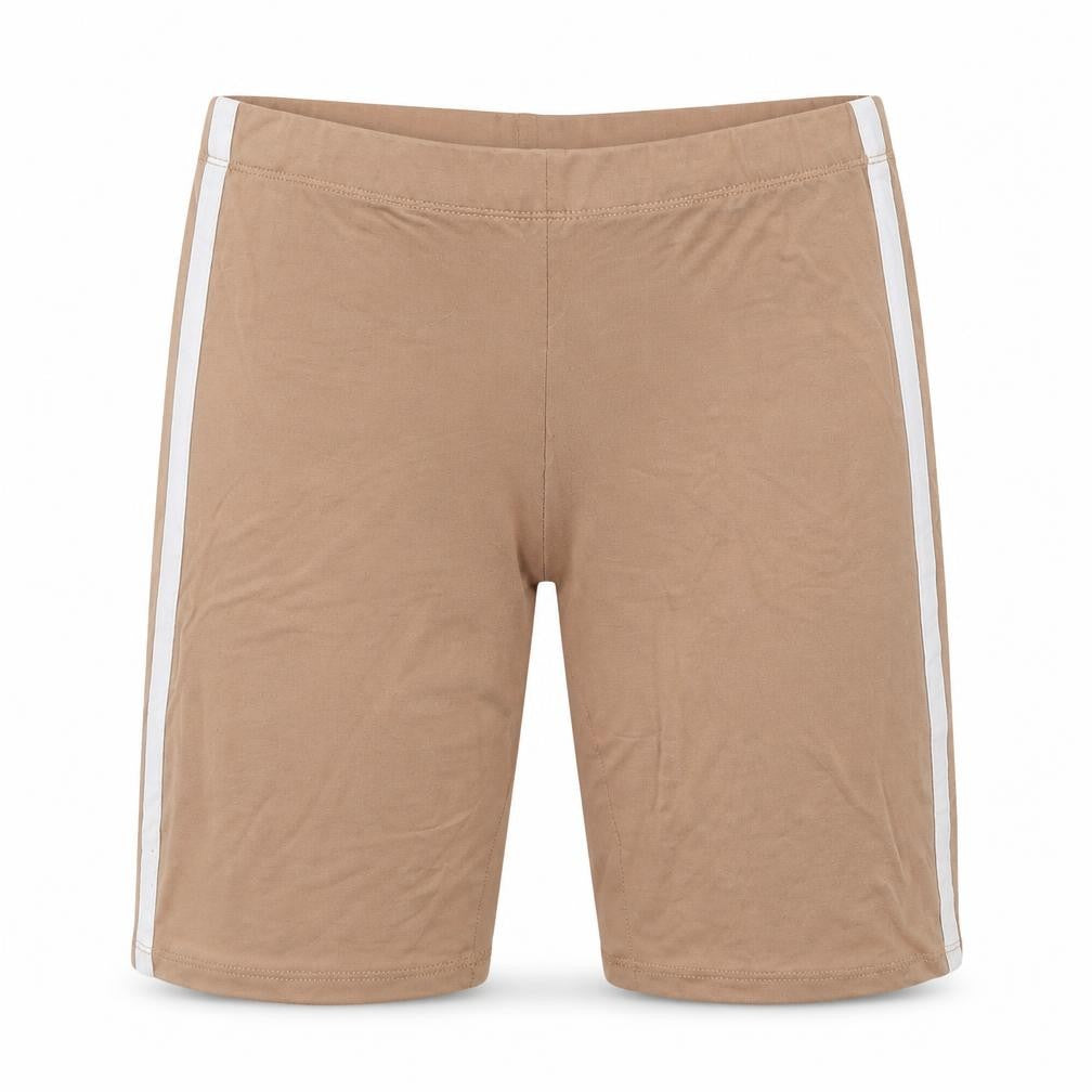 Front view of Brave Soul women’s beige striped polyester biker shorts, size XS, 7-inch leg regular pull on