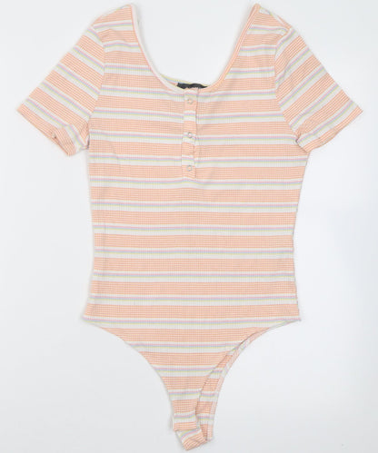 Additional front view of Primark women’s orange striped polyester bodysuit one-piece, size S, button