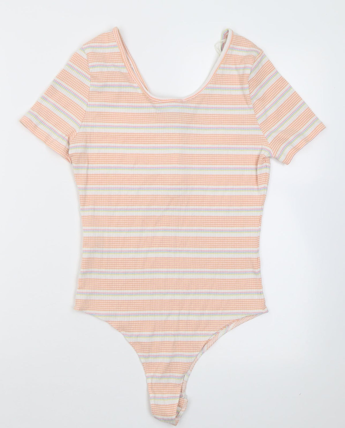 Back view of Primark women’s orange striped polyester bodysuit one-piece, size S, button