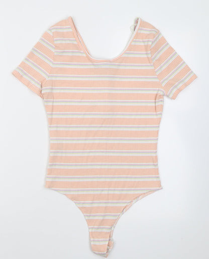 Back view of Primark women’s orange striped polyester bodysuit one-piece, size S, button