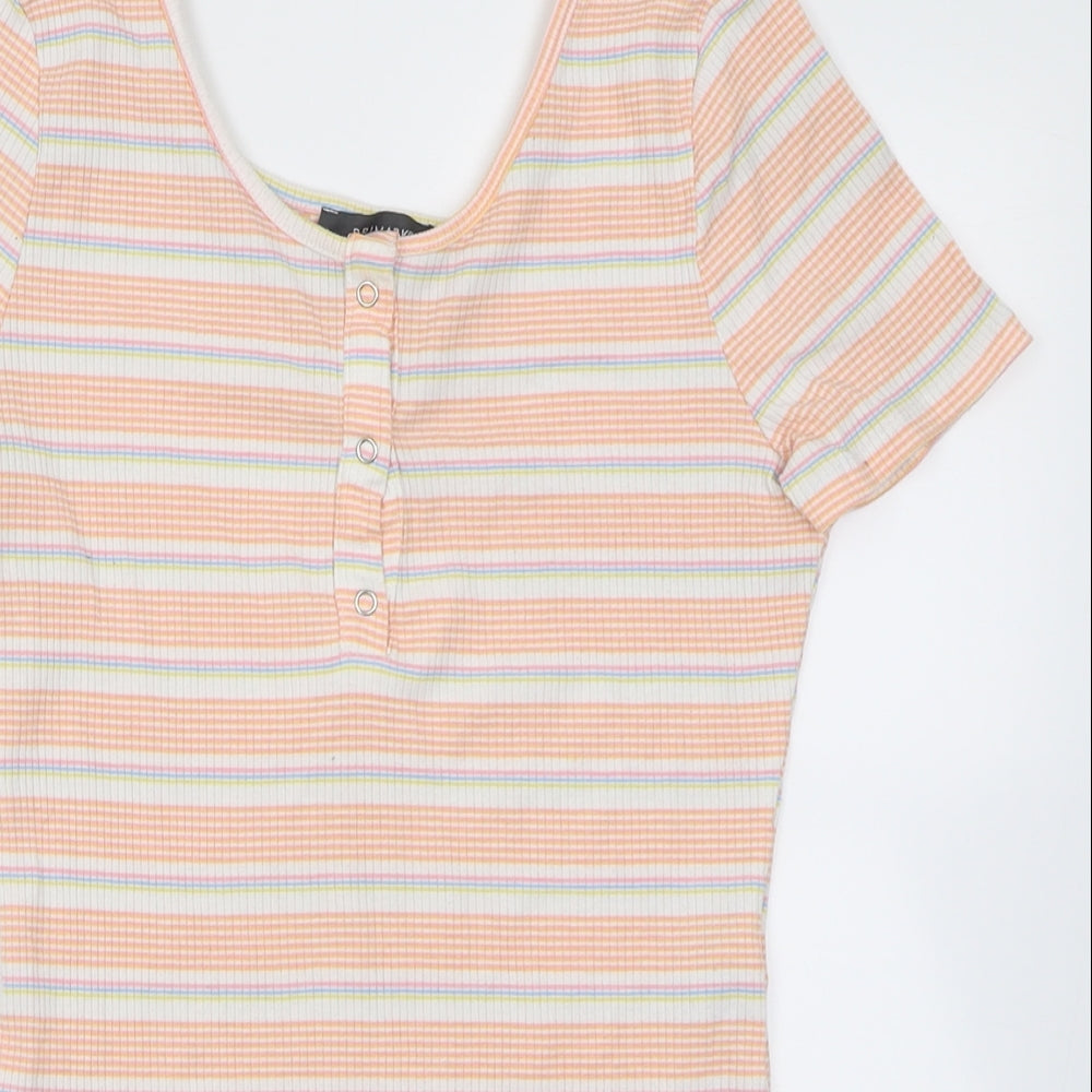 Close-up detail of Primark women’s orange striped polyester bodysuit one-piece, size S, button