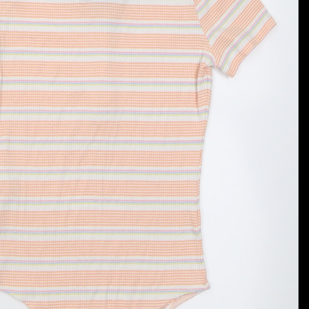 Brand and care label for Primark women’s orange striped polyester bodysuit one-piece, size S, button