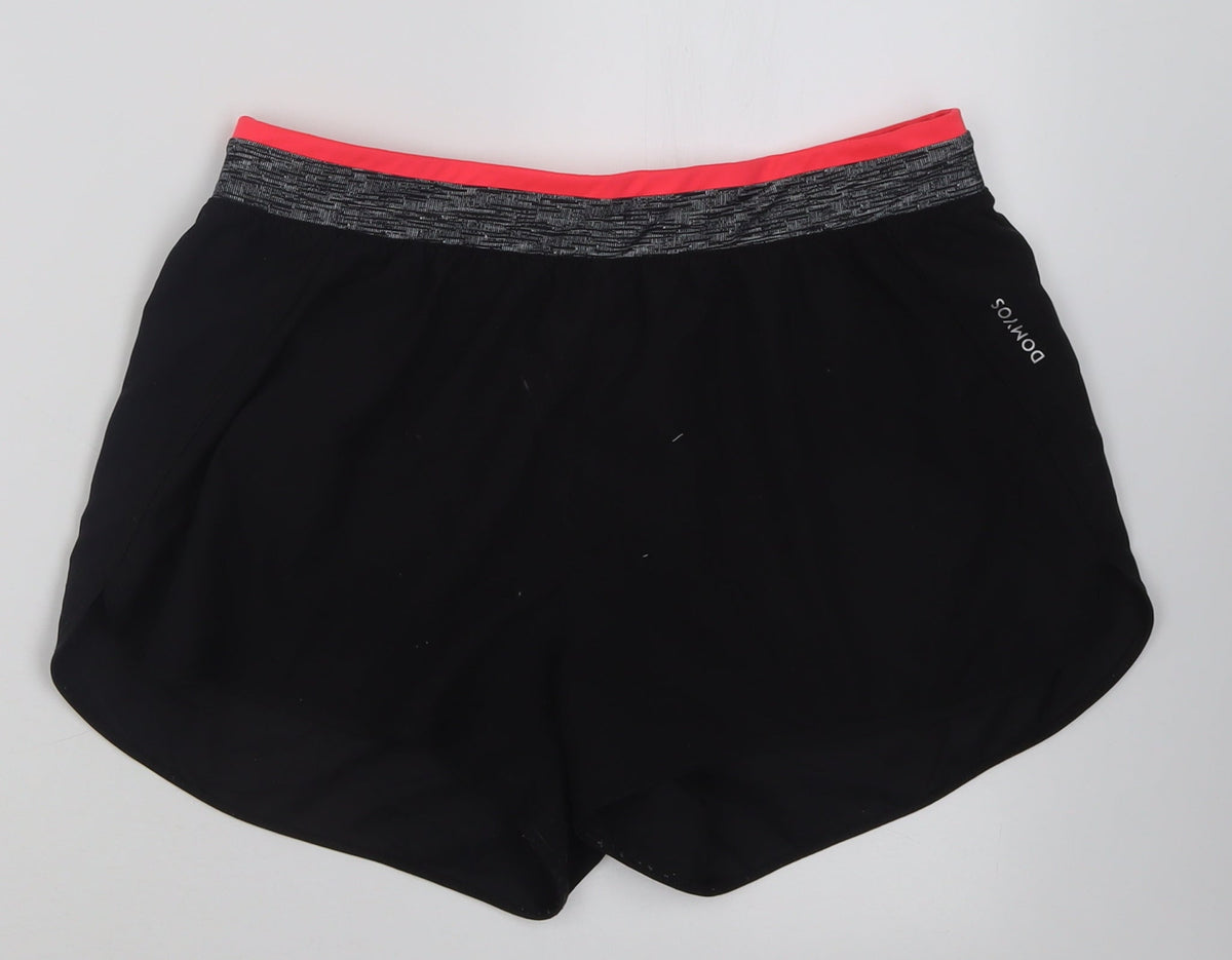 Front view of DECATHLON women’s black polyester sweat shorts, size L, 3-inch leg regular pull on