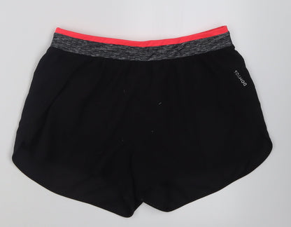 Front view of DECATHLON women’s black polyester sweat shorts, size L, 3-inch leg regular pull on