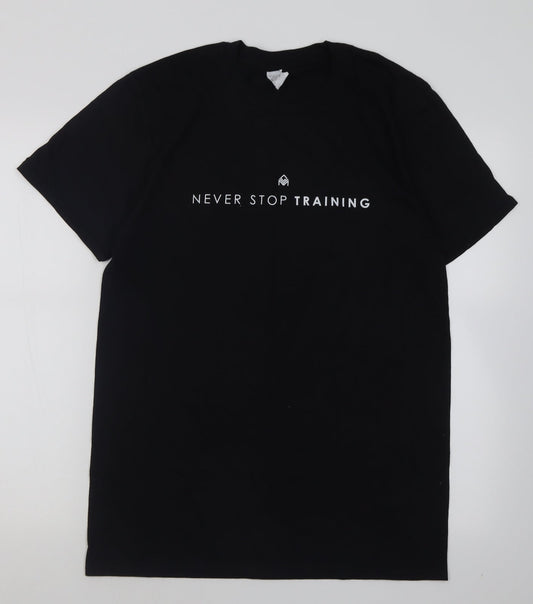 Front view of prteworn women’s black cotton basic t-shirt, size M, crew neck pullover - never stop training
