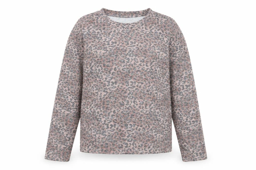 Front view of Marks & Spencer women’s brown round neck animal print viscose jumper, size UK 10