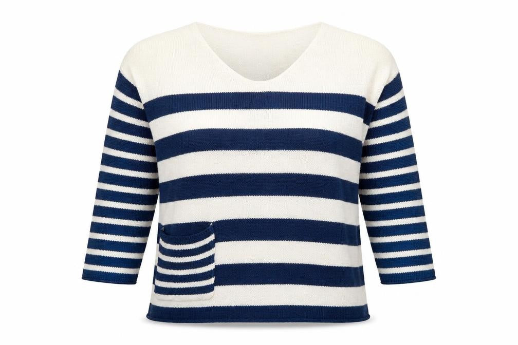 Front view of Capri women’s blue v-neck striped viscose jumper, size XS