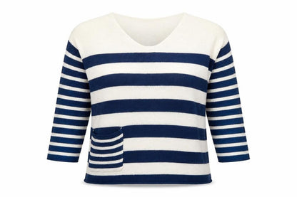Front view of Capri women’s blue v-neck striped viscose jumper, size XS