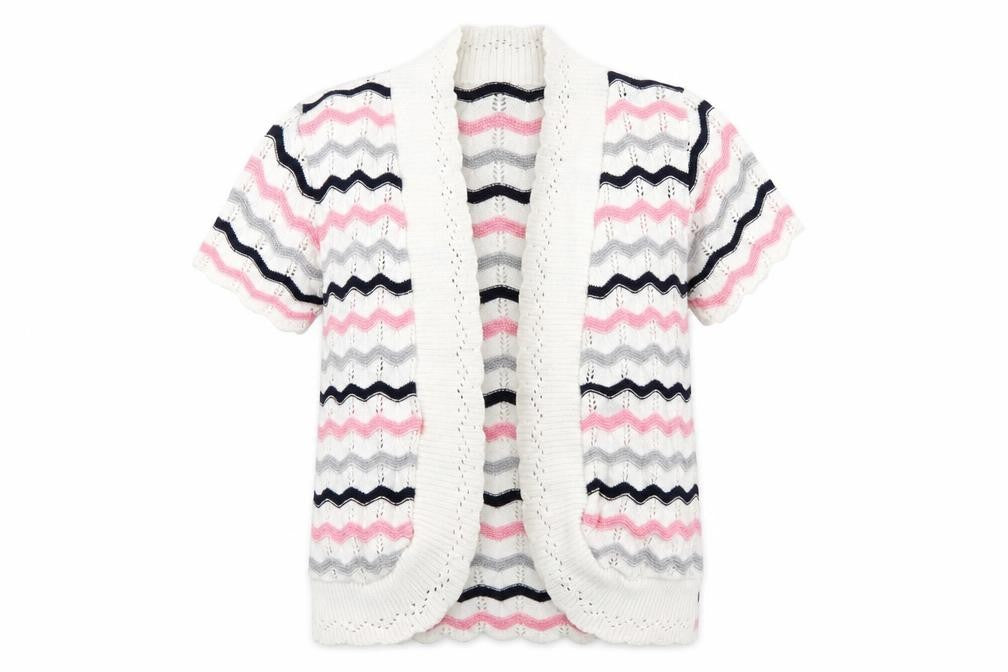 Front view of ME women’s white v-neck striped cotton cardigan jumper, size L