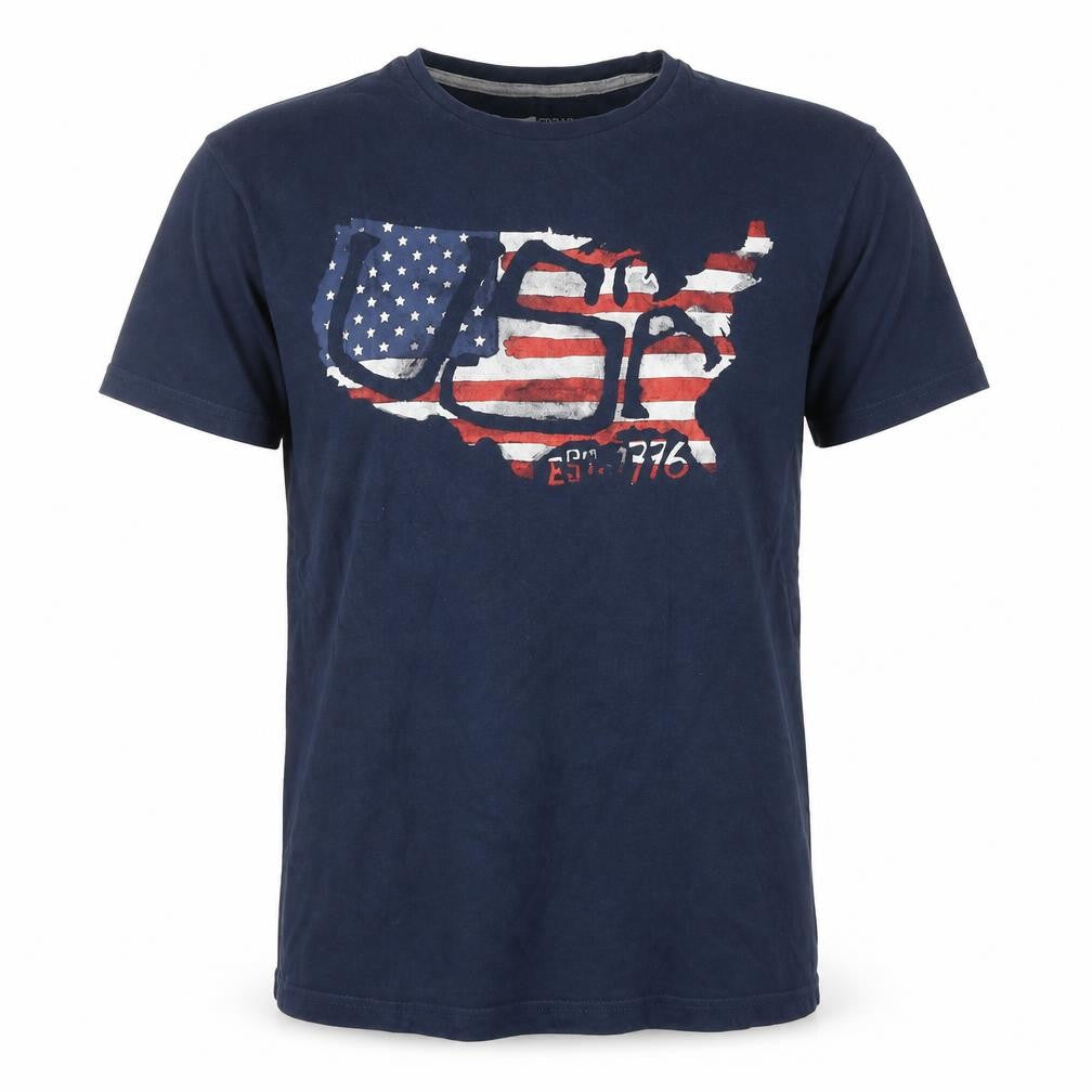 Front view of Cedarwood State men’s blue cotton t-shirt, size S, round neck