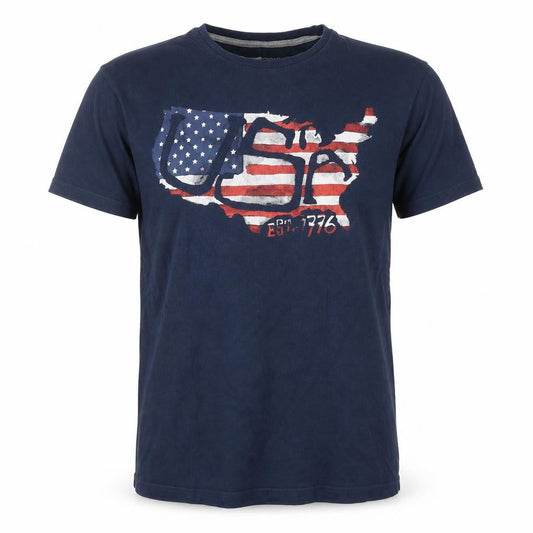 Front view of Cedarwood State men’s blue cotton t-shirt, size S, round neck