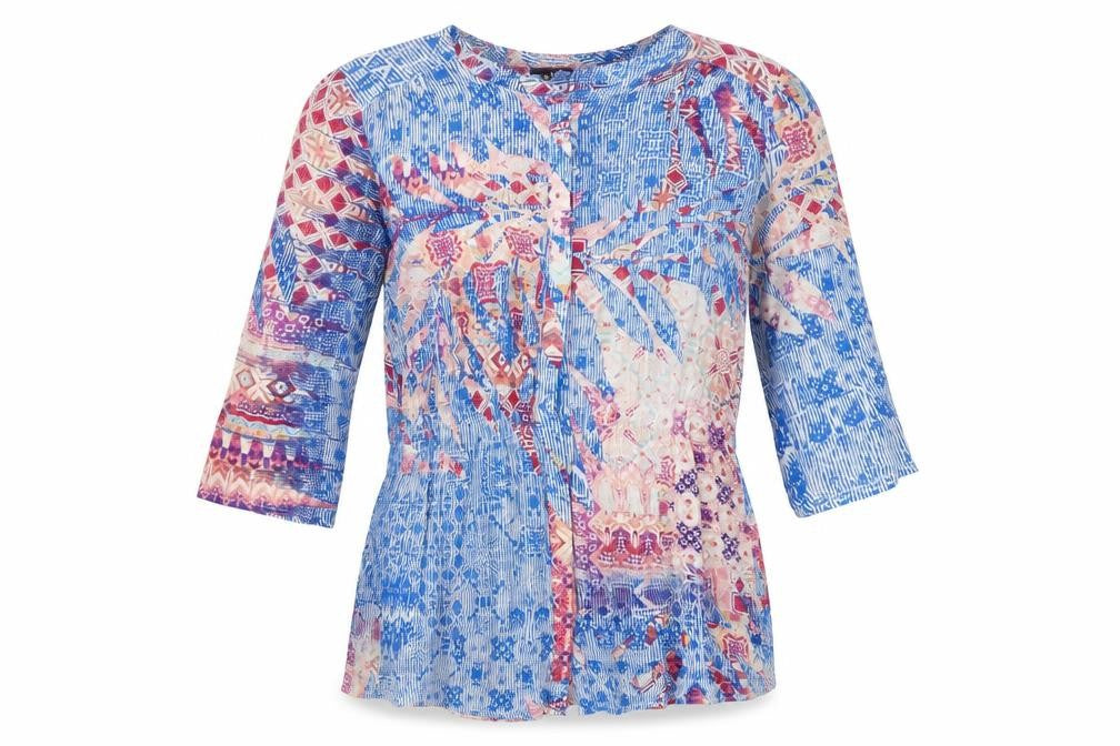Front view of Yest women’s blue geometric viscose tunic blouse, size UK 8, round neck