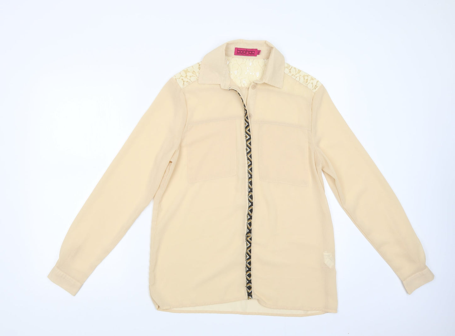 Boohoo Womens Beige  Polyester Basic Button-Up Size 8 Collared - Lace Detail