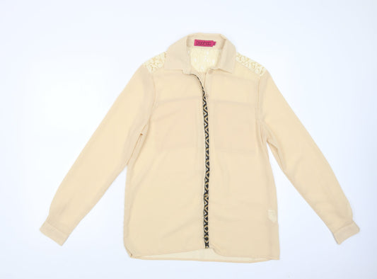 Boohoo Womens Beige  Polyester Basic Button-Up Size 8 Collared - Lace Detail