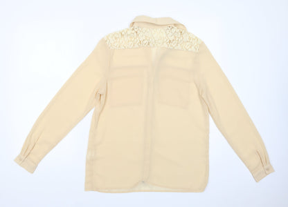 Boohoo Womens Beige  Polyester Basic Button-Up Size 8 Collared - Lace Detail
