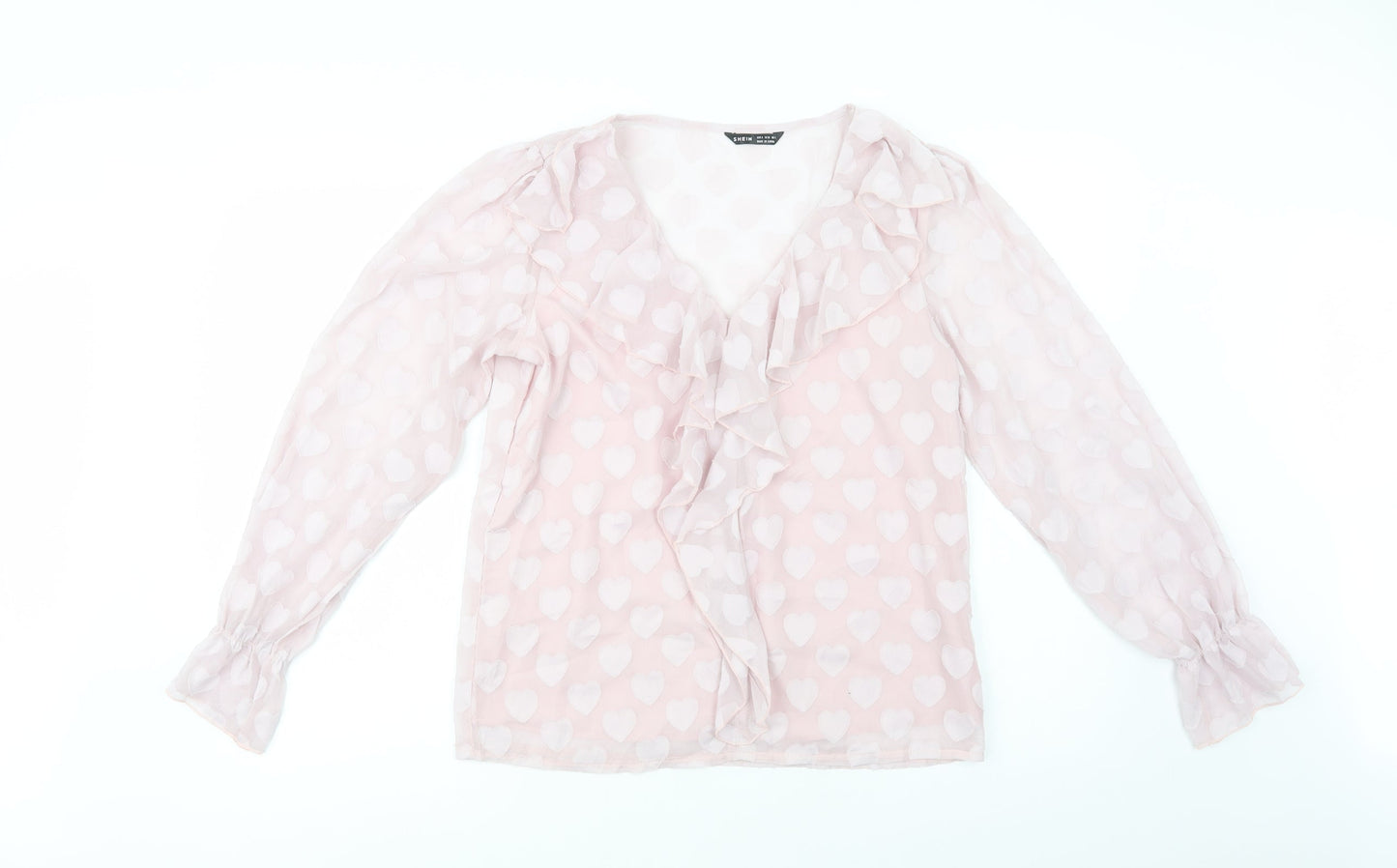 SheIn Womens Pink Geometric Polyester Basic Blouse Size S V-Neck - Heart Pattern