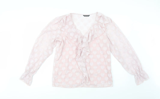 SheIn Womens Pink Geometric Polyester Basic Blouse Size S V-Neck - Heart Pattern