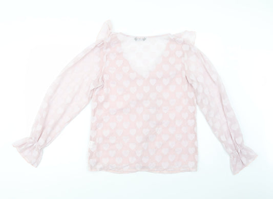 SheIn Womens Pink Geometric Polyester Basic Blouse Size S V-Neck - Heart Pattern