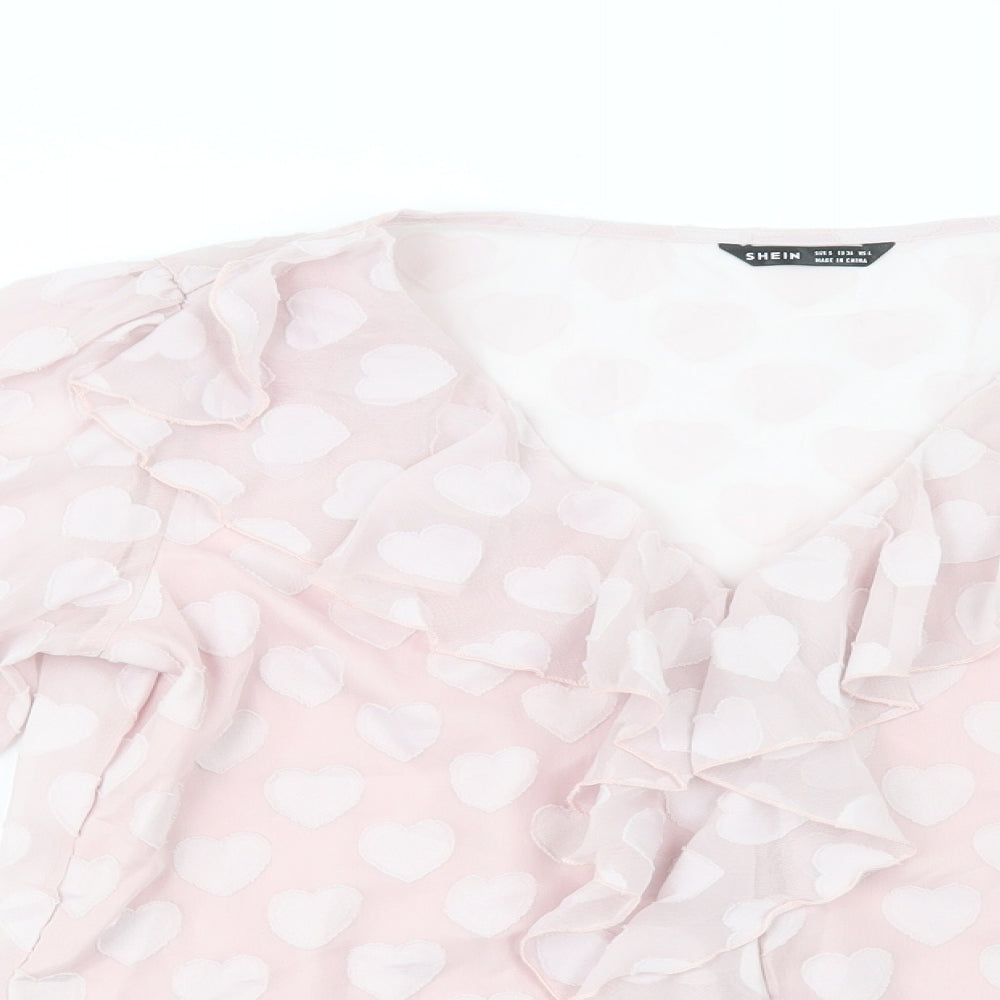 SheIn Womens Pink Geometric Polyester Basic Blouse Size S V-Neck - Heart Pattern