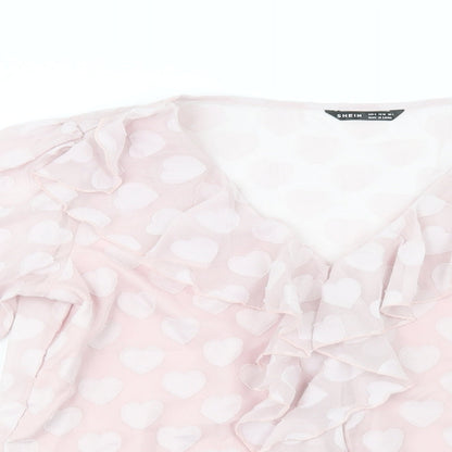 SheIn Womens Pink Geometric Polyester Basic Blouse Size S V-Neck - Heart Pattern