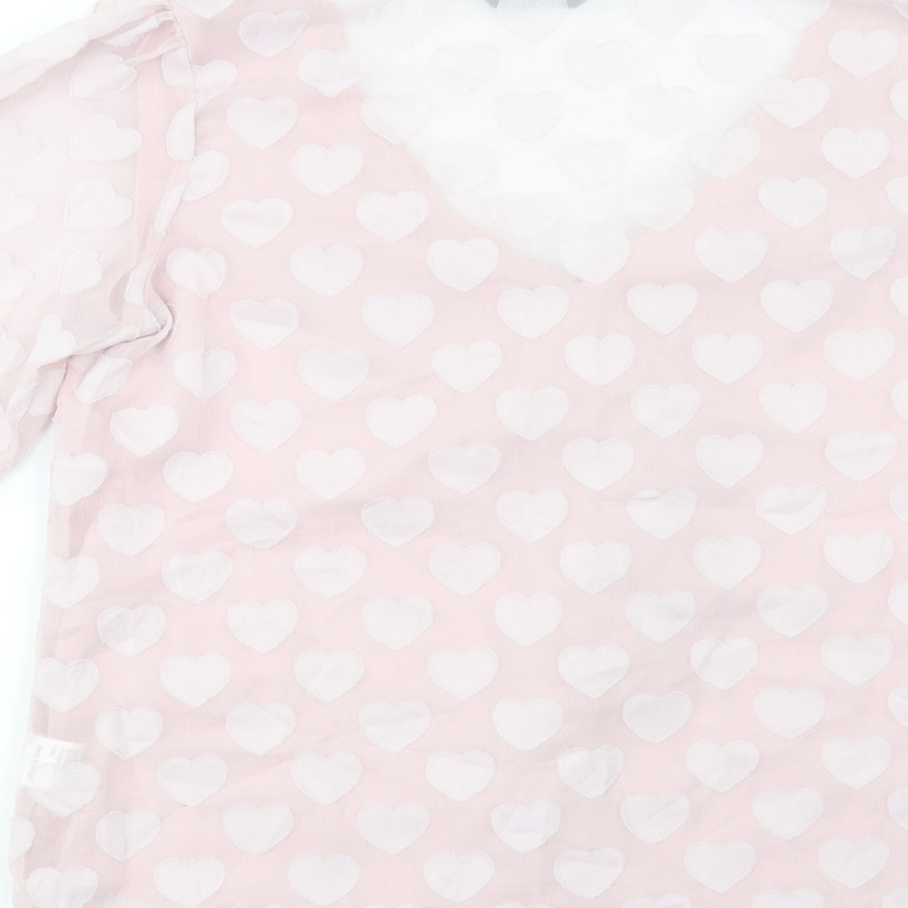 SheIn Womens Pink Geometric Polyester Basic Blouse Size S V-Neck - Heart Pattern