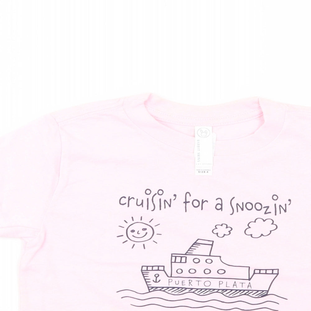 Rabbit Skins Girls Pink  Cotton Basic T-Shirt Size 4 Years Crew Neck Pullover - Cruisin'