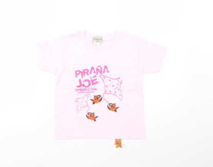 Pirana Joe Girls Pink  Cotton Basic T-Shirt Size 4 Years Crew Neck Pullover