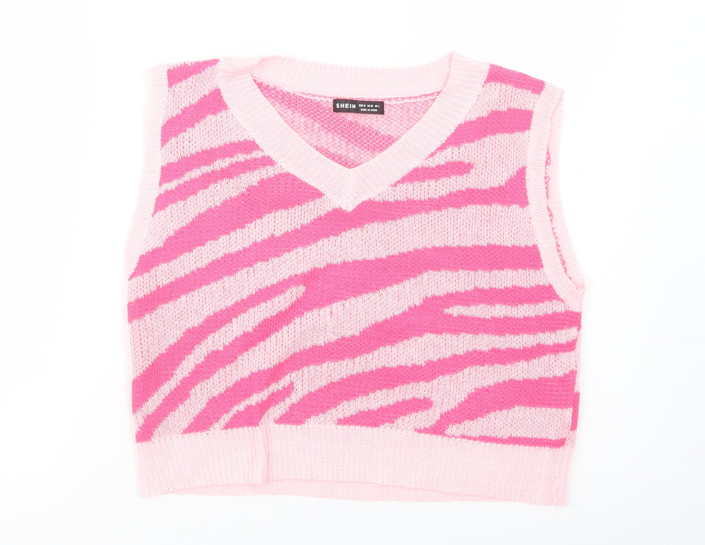 SheIn Womens Pink V-Neck Animal Print Viscose Vest Jumper Size M