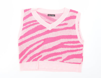 SheIn Womens Pink V-Neck Animal Print Viscose Vest Jumper Size M