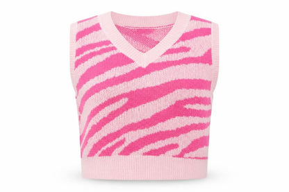 Front view of SHEIN women’s pink v-neck animal print viscose vest jumper, size M