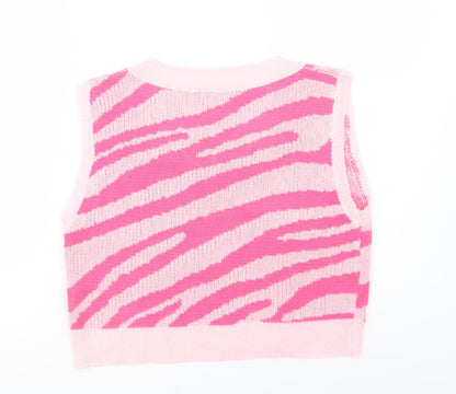 SheIn Womens Pink V-Neck Animal Print Viscose Vest Jumper Size M