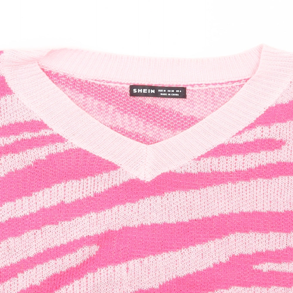 SheIn Womens Pink V-Neck Animal Print Viscose Vest Jumper Size M