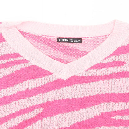 SheIn Womens Pink V-Neck Animal Print Viscose Vest Jumper Size M