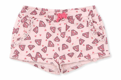 Front view of Supergirl girls’ pink geometric cotton sweat shorts, size 6-7, years regular drawstring