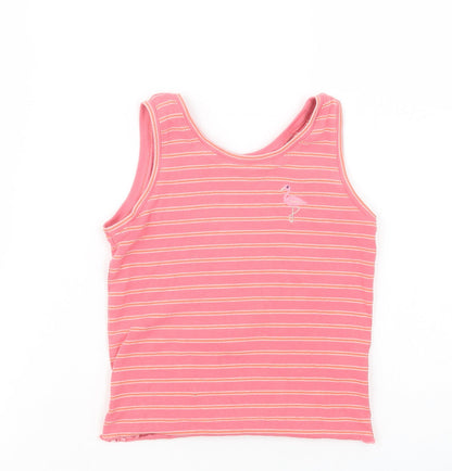 Marks and Spencer Girls Pink Striped Cotton Basic Tank Size 5-6 Years Scoop Neck Pullover - Flamingo