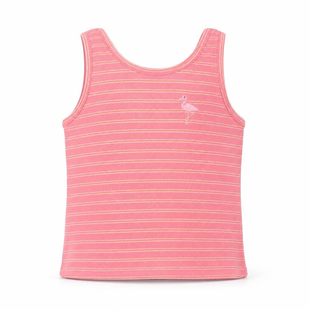 Front view of Marks & Spencer girls’ pink striped cotton basic tank, size 5-6, years scoop neck pullover - flamingo